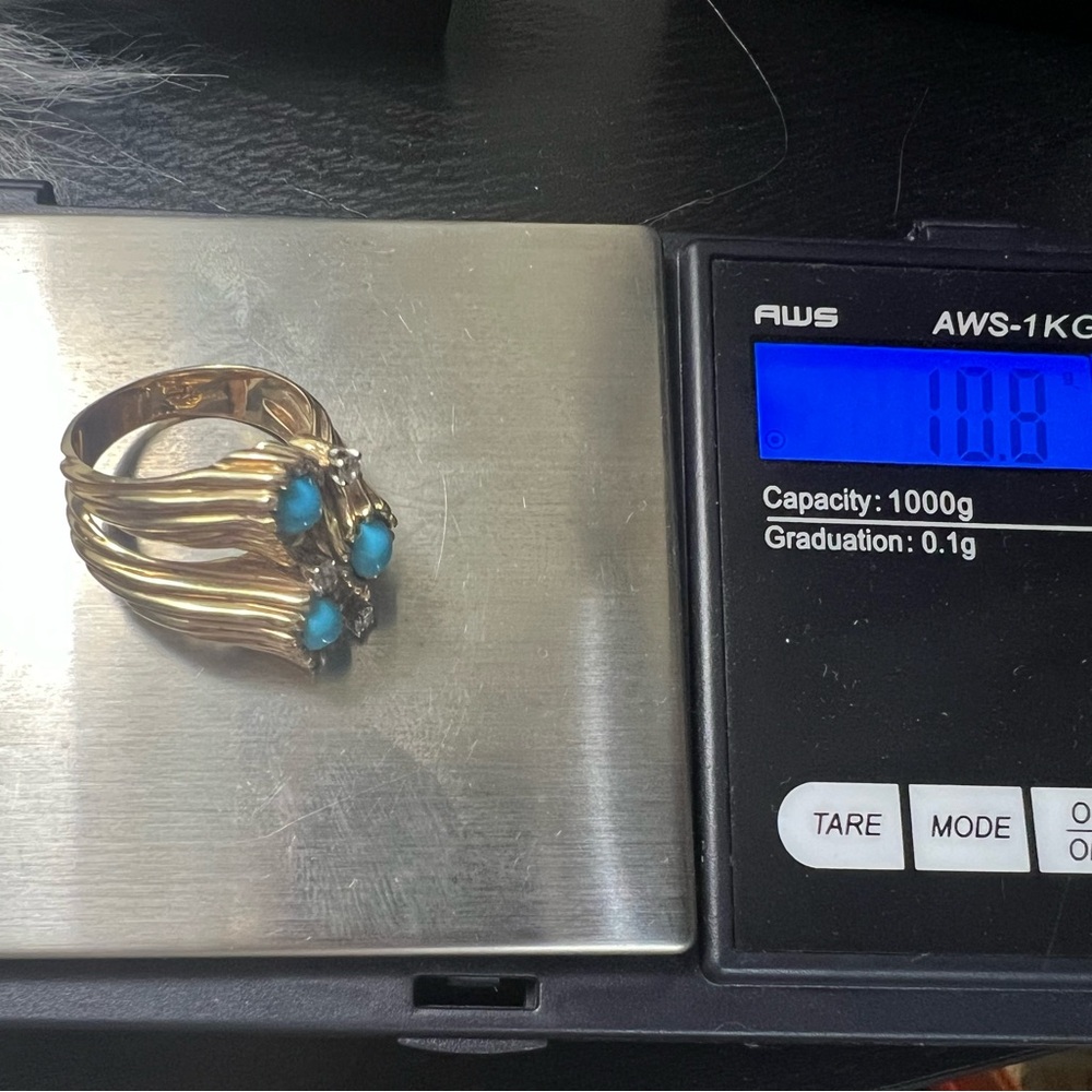 Art Nouveau 14k Yellow Gold, Diamonds 
Turquoise Ring💛🩵💎 - Picture 15 of 17